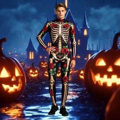 Glow-in-the-dark skeleton bodysuit, Halloween UV fluorescent skeleton cosplay outfit, stretchy long-sleeve leotard, electronic music party costume