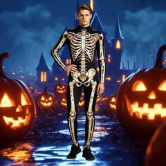 Glow-in-the-dark skeleton bodysuit, Halloween UV fluorescent skeleton cosplay outfit, stretchy long-sleeve leotard, electronic music party costume