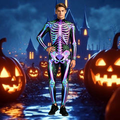 Glow-in-the-dark skeleton bodysuit, Halloween UV fluorescent skeleton cosplay outfit, stretchy long-sleeve leotard, electronic music party costume