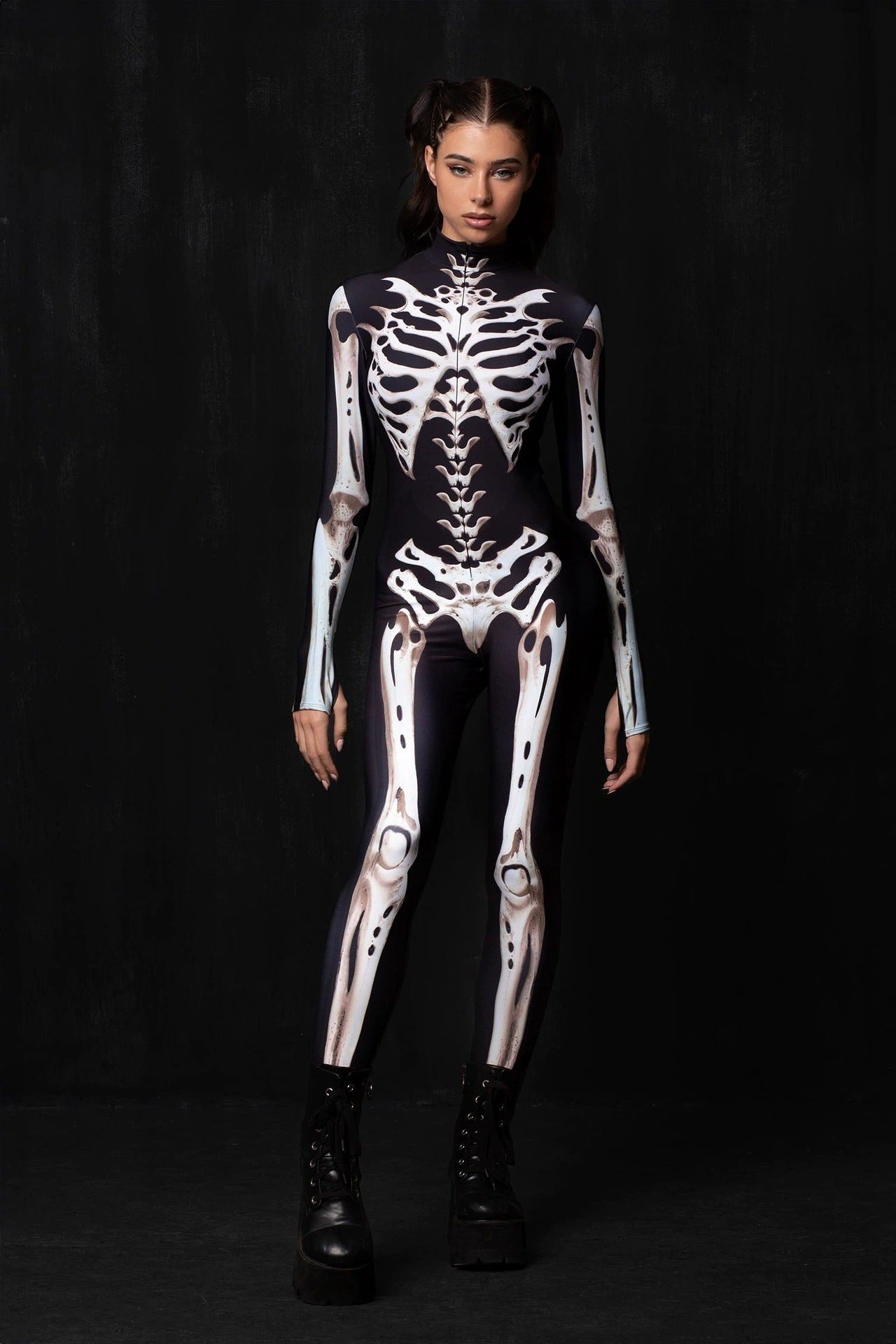 Glow-in-the-dark skeleton bodysuit, Halloween UV fluorescent skeleton cosplay outfit, stretchy long-sleeve leotard, electronic music party costume