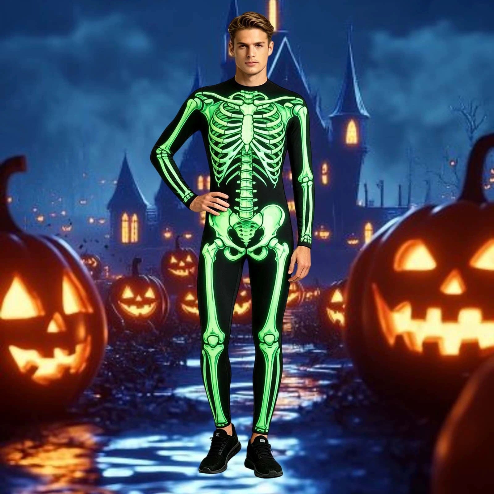 Glow-in-the-dark skeleton bodysuit, Halloween UV fluorescent skeleton cosplay outfit, stretchy long-sleeve leotard, electronic music party costume
