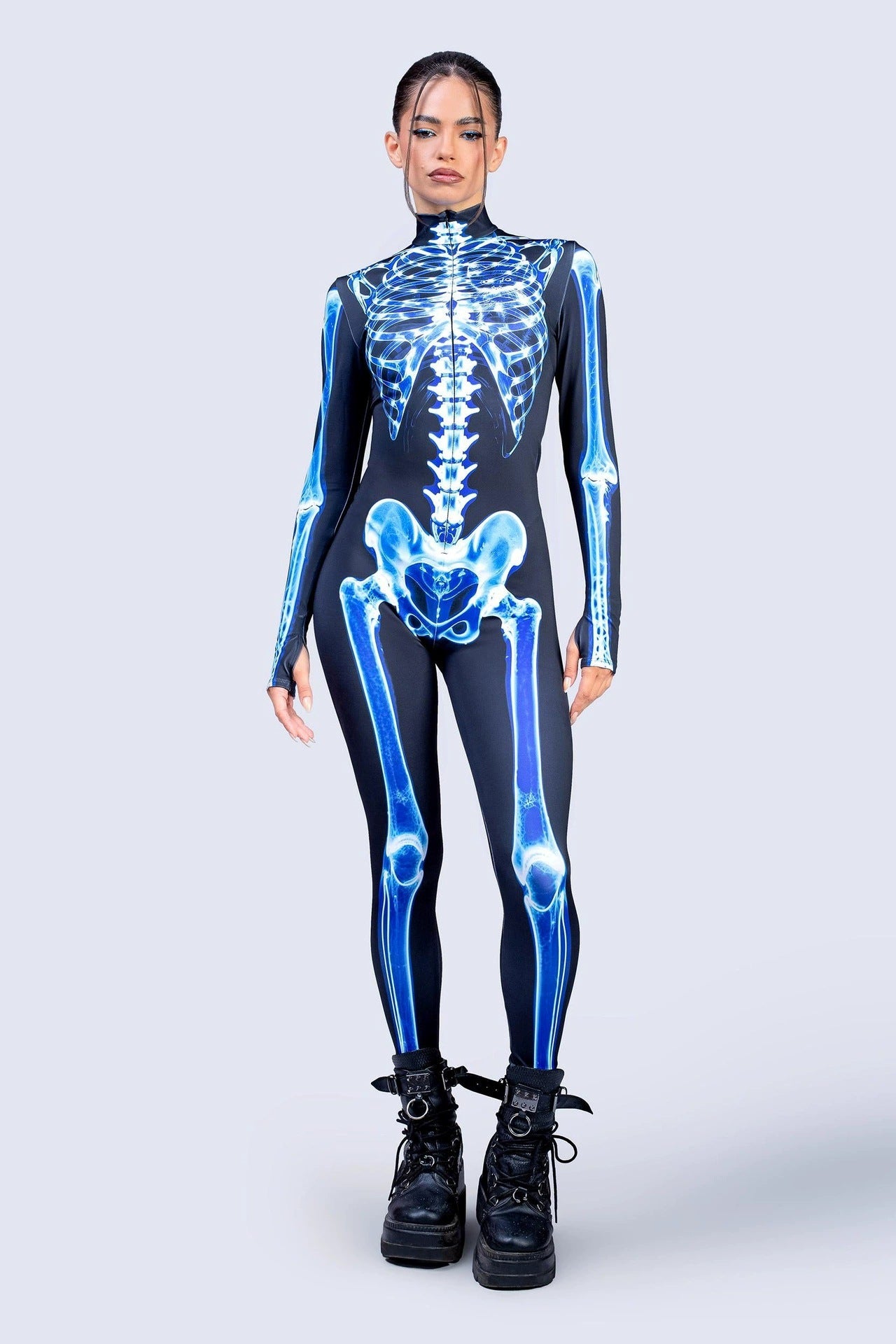 Night Glow 3D Skull Halloween Costume, stretchable tight-fitting one-piece suit, suitable for horror-themed parties.