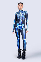 Night Glow 3D Skull Halloween Costume, stretchable tight-fitting one-piece suit, suitable for horror-themed parties.