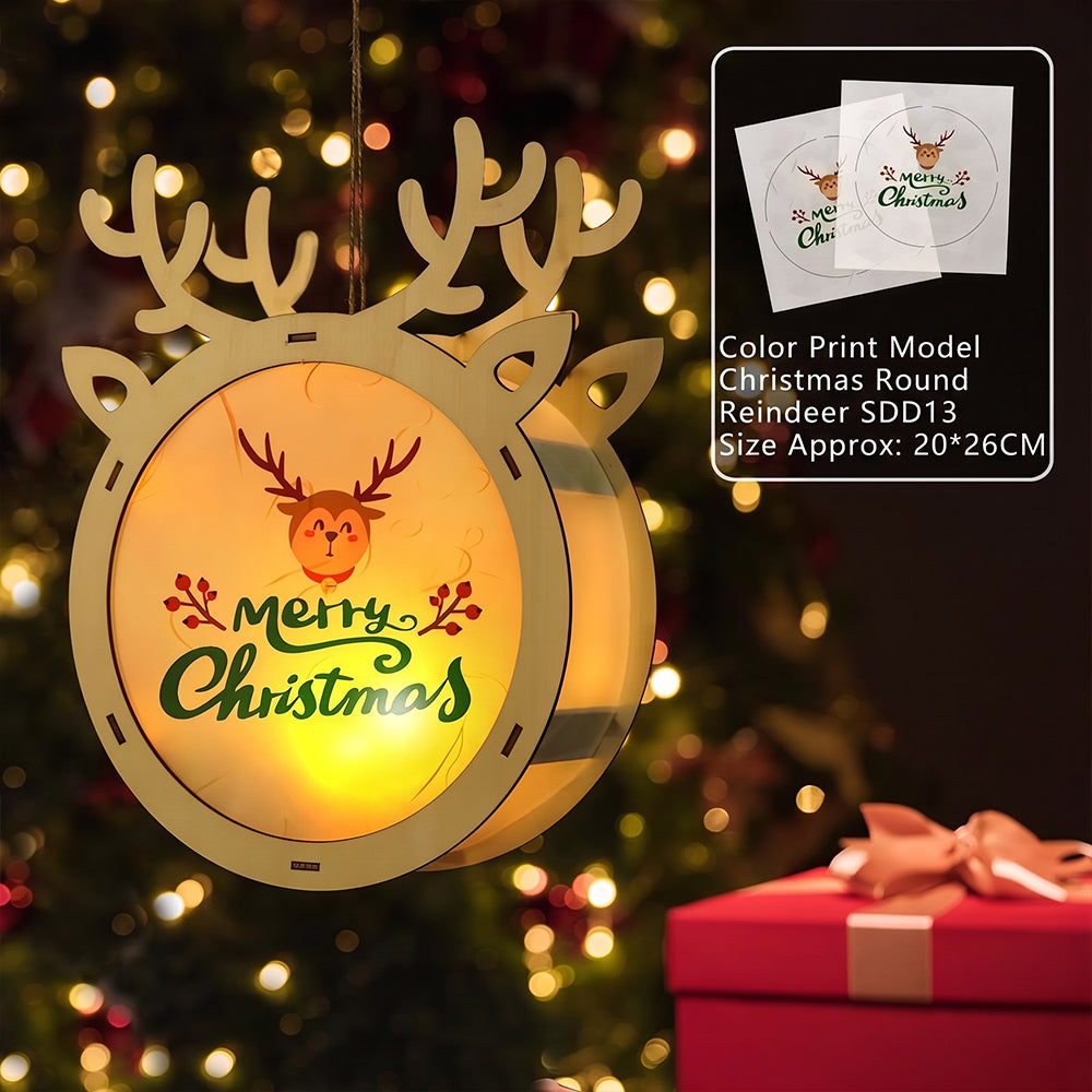 Lighted Wooden Reindeer Christmas Ornament, DIY Color Painting Elk Hanging Lamp, LED Wooden Christmas Tree Hanging Decoration for Holiday Decor