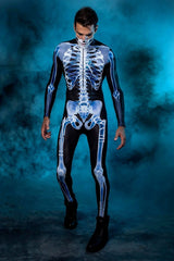 Night Glow 3D Skull Halloween Costume, stretchable tight-fitting one-piece suit, suitable for horror-themed parties.