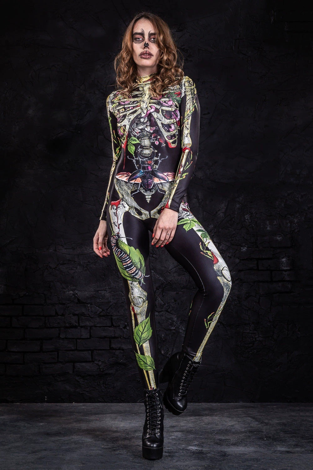 Night Glow 3D Skull Halloween Costume, stretchable tight-fitting one-piece suit, suitable for horror-themed parties.