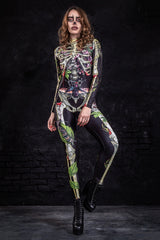 Night Glow 3D Skull Halloween Costume, stretchable tight-fitting one-piece suit, suitable for horror-themed parties.