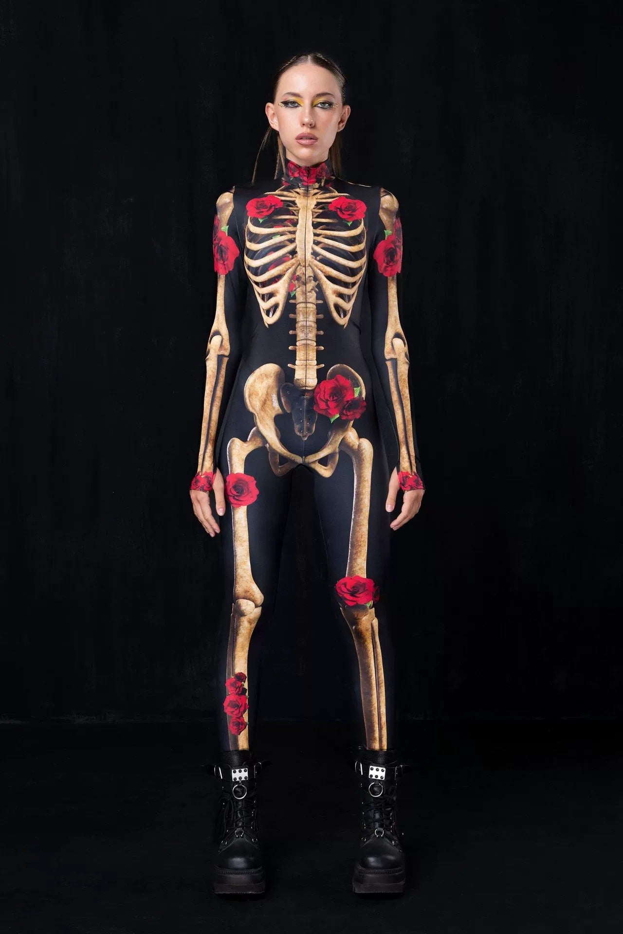 Night Glow 3D Skull Halloween Costume, stretchable tight-fitting one-piece suit, suitable for horror-themed parties.