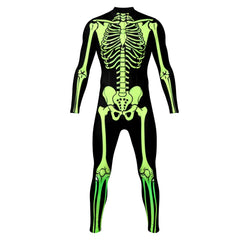Night Glow 3D Skull Halloween Costume, stretchable tight-fitting one-piece suit, suitable for horror-themed parties.