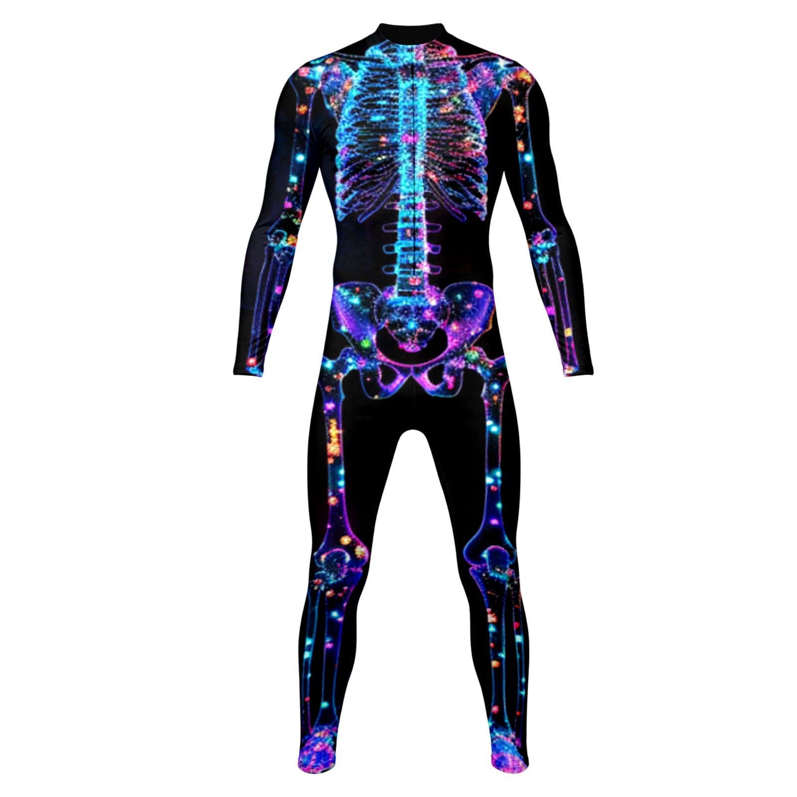 Night Glow 3D Skull Halloween Costume, stretchable tight-fitting one-piece suit, suitable for horror-themed parties.
