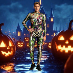 Night Glow 3D Skull Halloween Costume, stretchable tight-fitting one-piece suit, suitable for horror-themed parties.