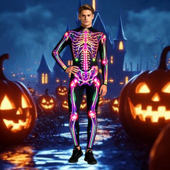 Night Glow 3D Skull Halloween Costume, stretchable tight-fitting one-piece suit, suitable for horror-themed parties.