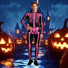 Night Glow 3D Skull Halloween Costume, stretchable tight-fitting one-piece suit, suitable for horror-themed parties.