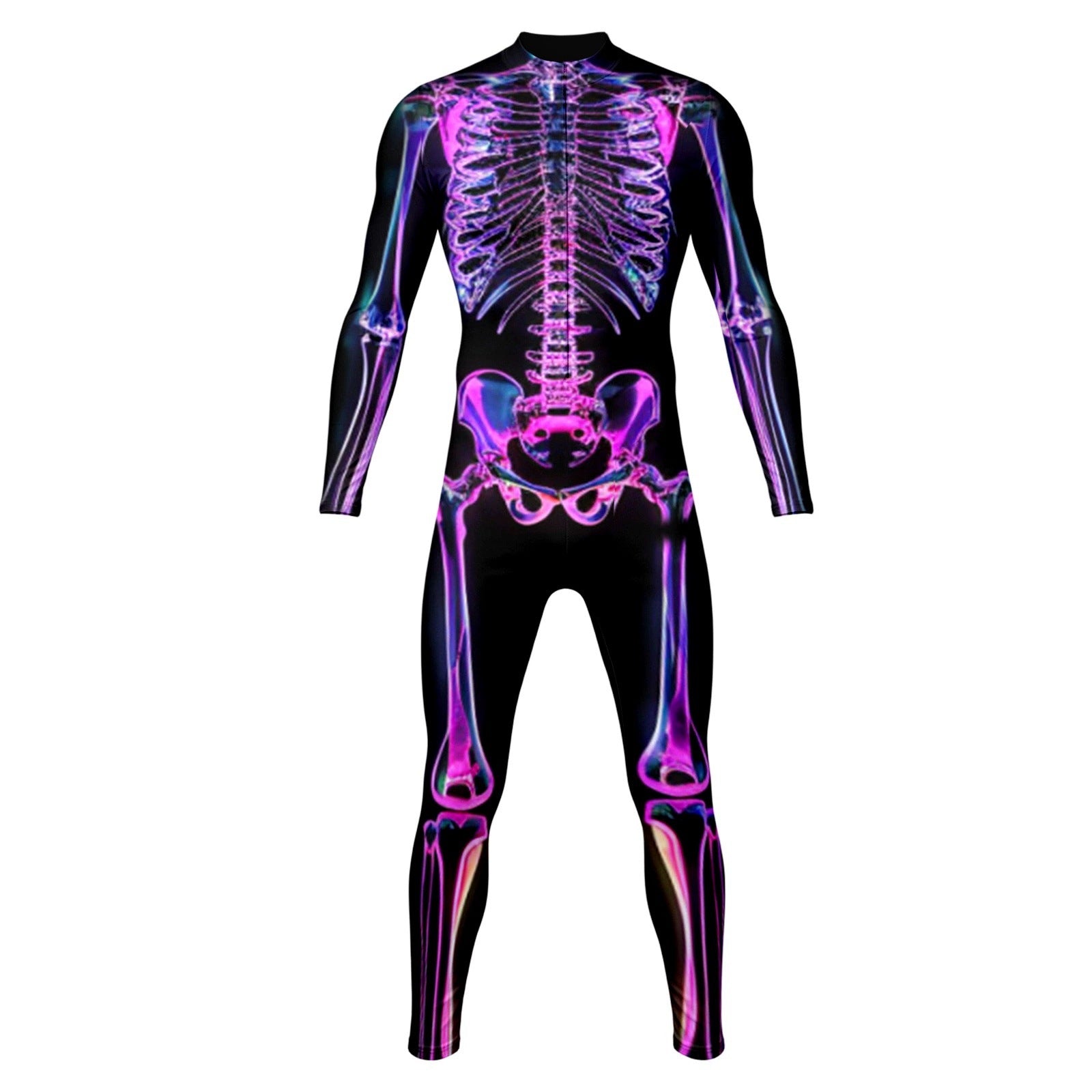 Night Glow 3D Skull Halloween Costume, stretchable tight-fitting one-piece suit, suitable for horror-themed parties.