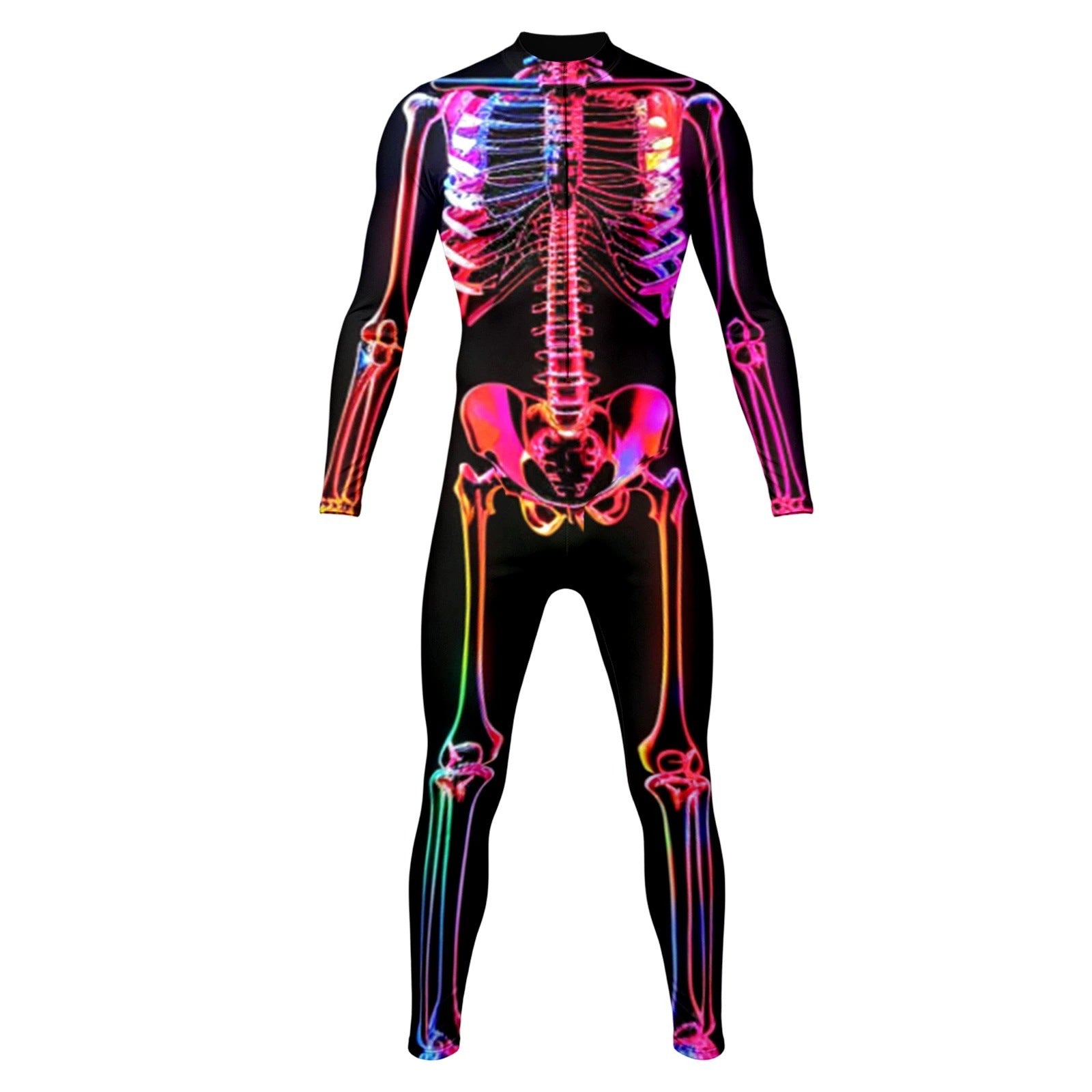 Night Glow 3D Skull Halloween Costume, stretchable tight-fitting one-piece suit, suitable for horror-themed parties.