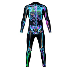 Night Glow 3D Skull Halloween Costume, stretchable tight-fitting one-piece suit, suitable for horror-themed parties.