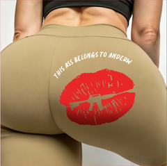 Custom Name Tan Leggings – Personalized High Waist Yoga Pants with Lips & Assault Rifle Graphic for Women