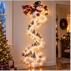 Snowman and snowflakes Christmas wall decor hanging in cozy living room
