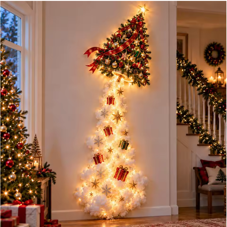 Classic Christmas tree festive wall decor hanging in cozy home