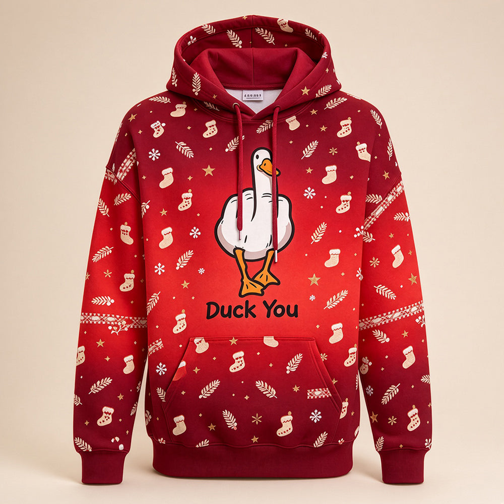 Duck You Christmas hoodie in candy red - all-over fair isle print with drawstring hood, front view