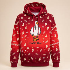 Duck You Christmas hoodie in candy red - all-over fair isle print with drawstring hood, front view