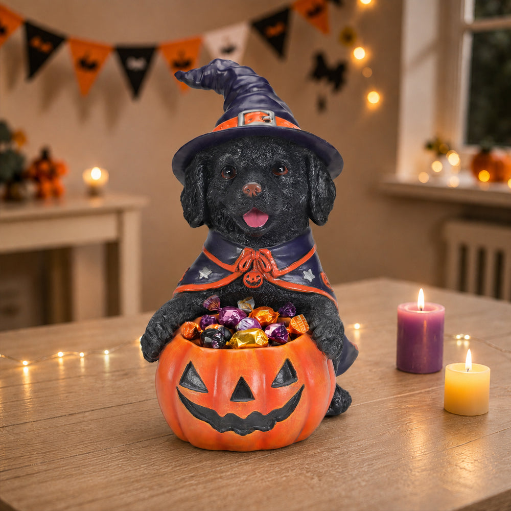 The same black labrador witch puppy on a sideboard with a string of lights and a small haunted house behind it