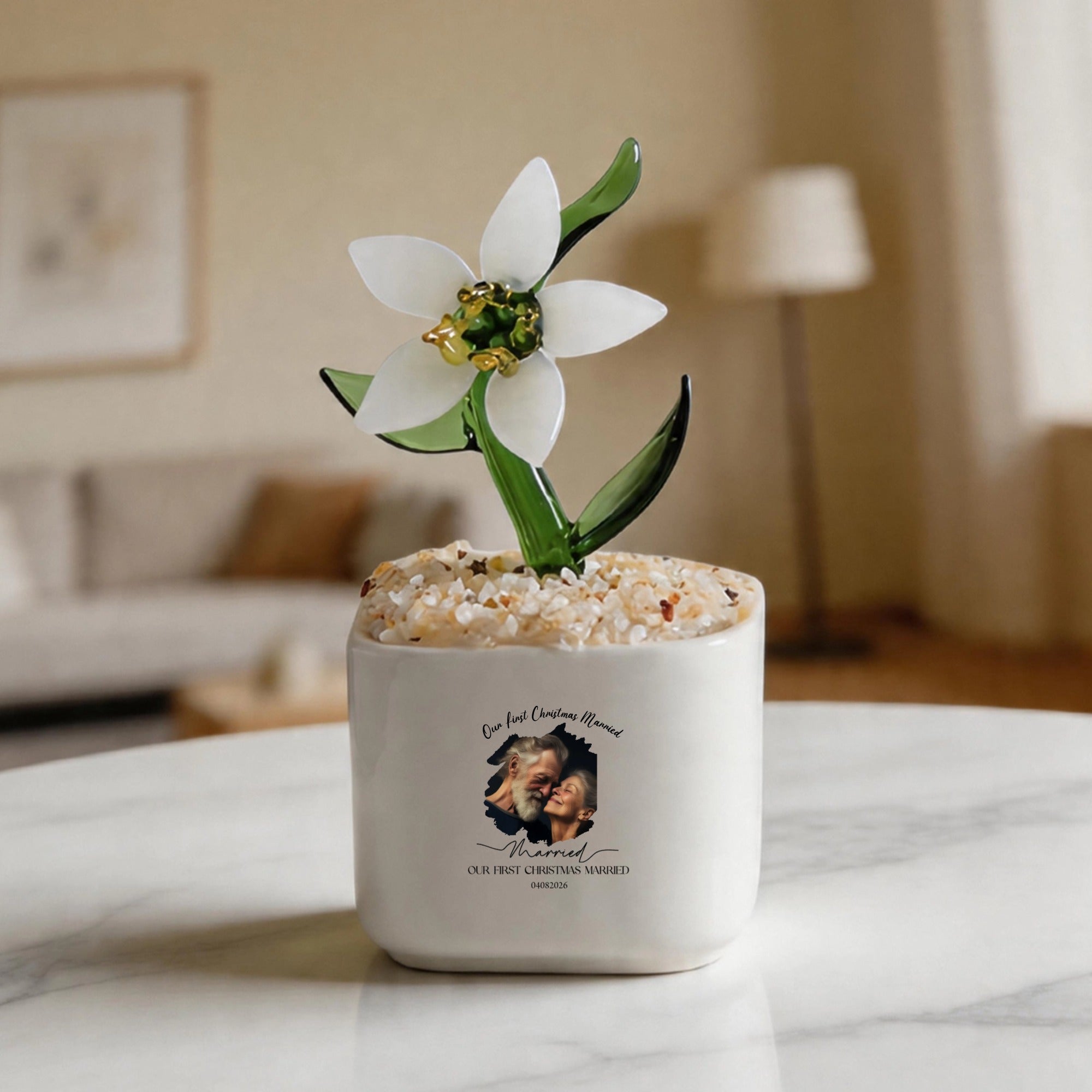 Customized Our First Christmas Married Crystal Glass Daffodil Ornament
