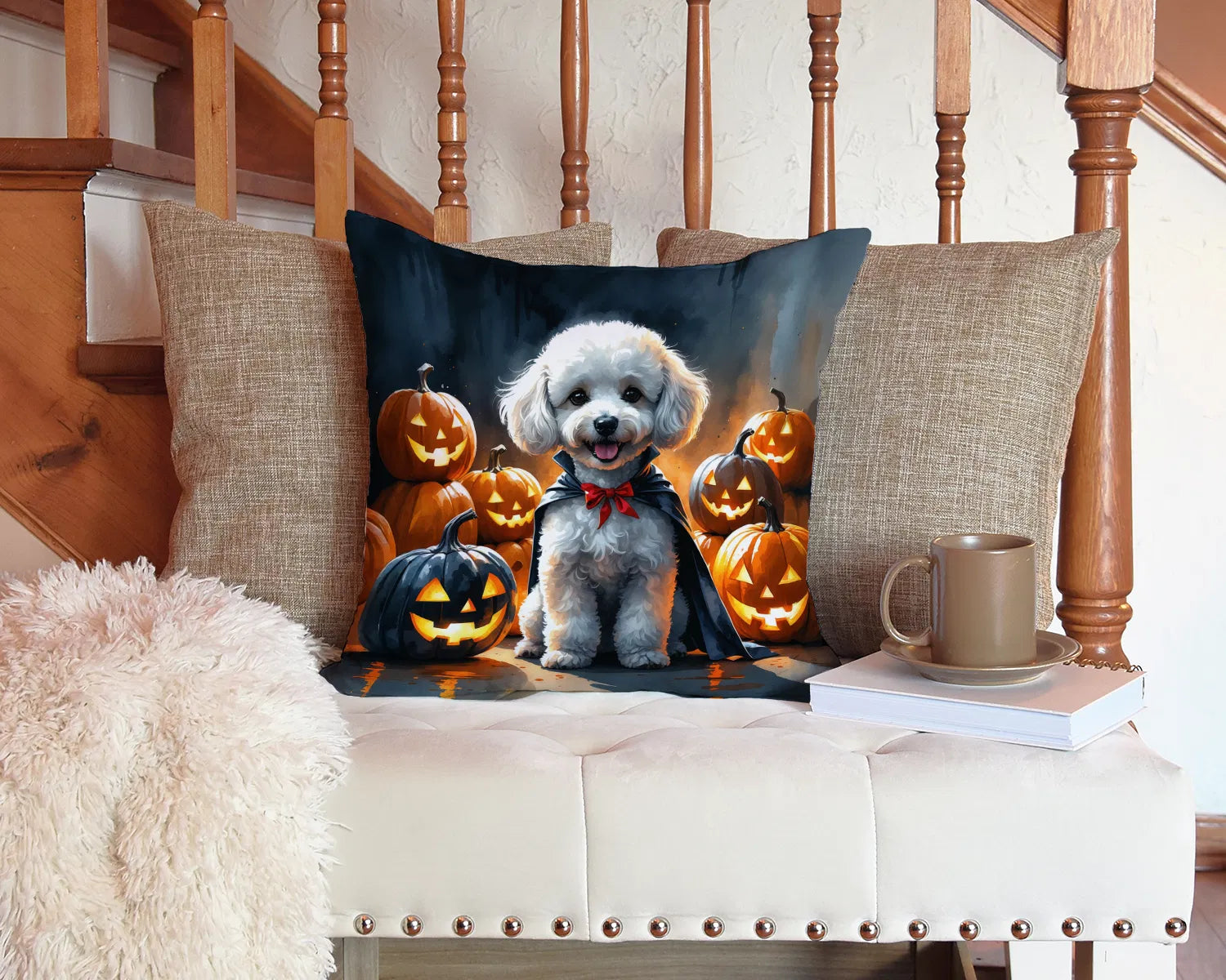 white poodle halloween throw pillow 14 x 14 inch with insert - product photo 5 of 8