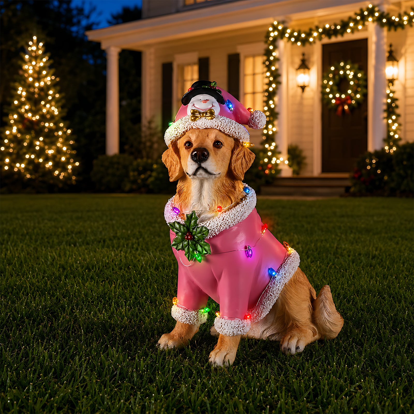 The Golden retriever in the pink Santa coat out on the lawn at dusk with the lights of the house behind