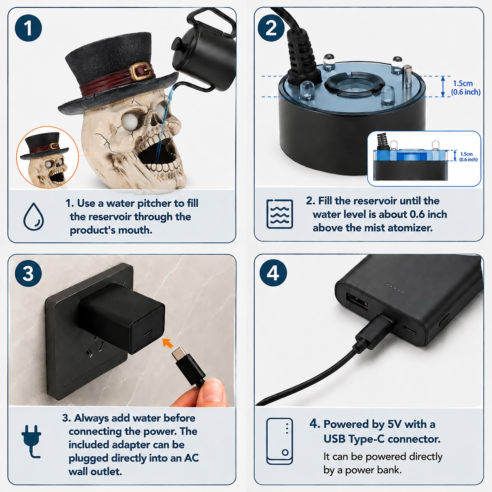 printed card showing the four setup steps: fill the reservoir through the mouth, stop at about 0.6 inch above the atomizer, plug the USB Type-C lead into the included adapter, run it off any 5V source including a power bank