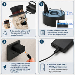 printed card showing the four setup steps: fill the reservoir through the mouth, stop at about 0.6 inch above the atomizer, plug the USB Type-C lead into the included adapter, run it off any 5V source including a power bank