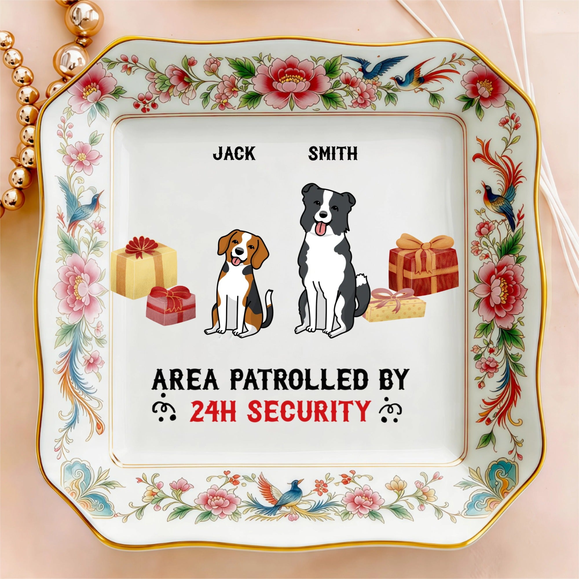 Custom Photo Ceramic Trinket Tray with Elegant Floral and Phoenix Bird Border-Area patrolled by 24h security