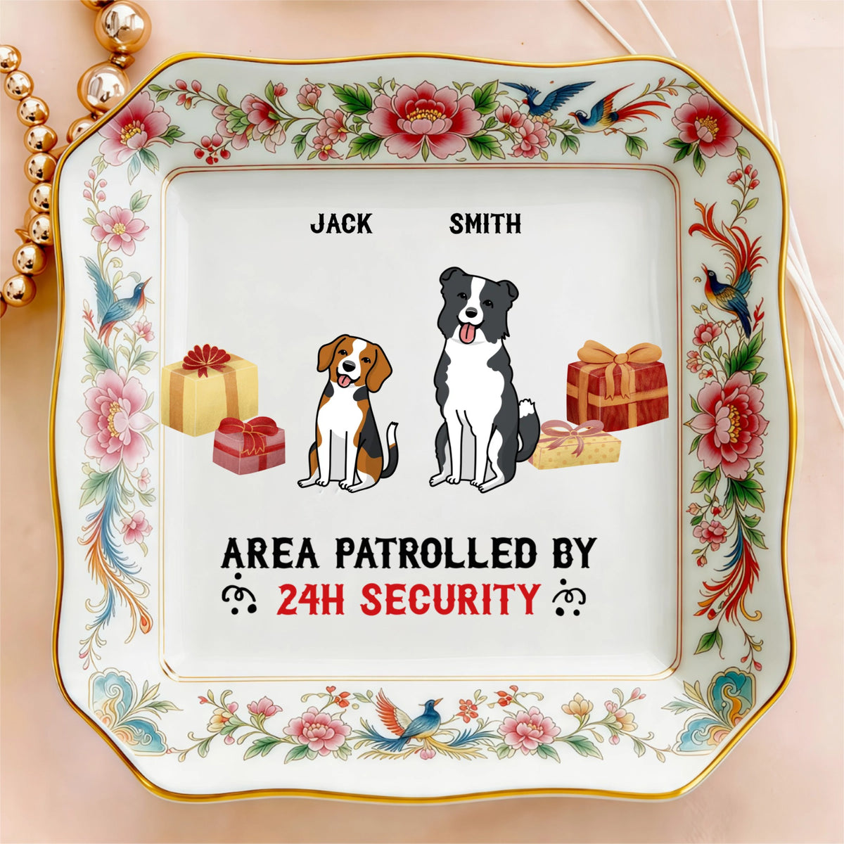 Custom Photo Ceramic Trinket Tray with Elegant Floral and Phoenix Bird Border-Area patrolled by 24h security