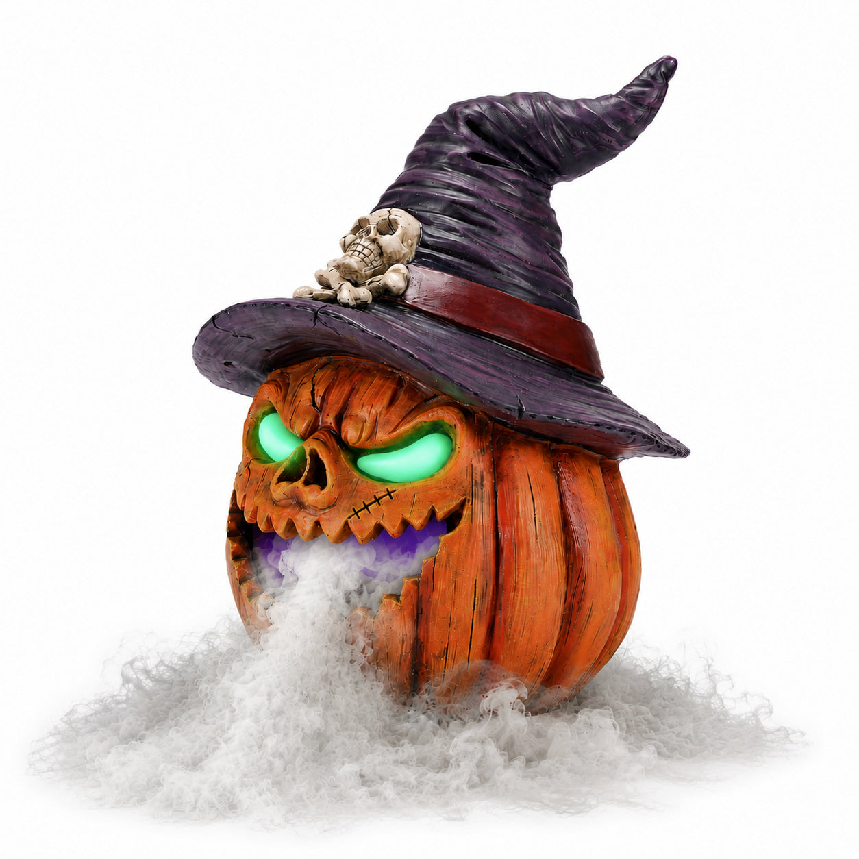 Witch hat pumpkin Halloween light on a plain background, front view, with the fog opening under the grin