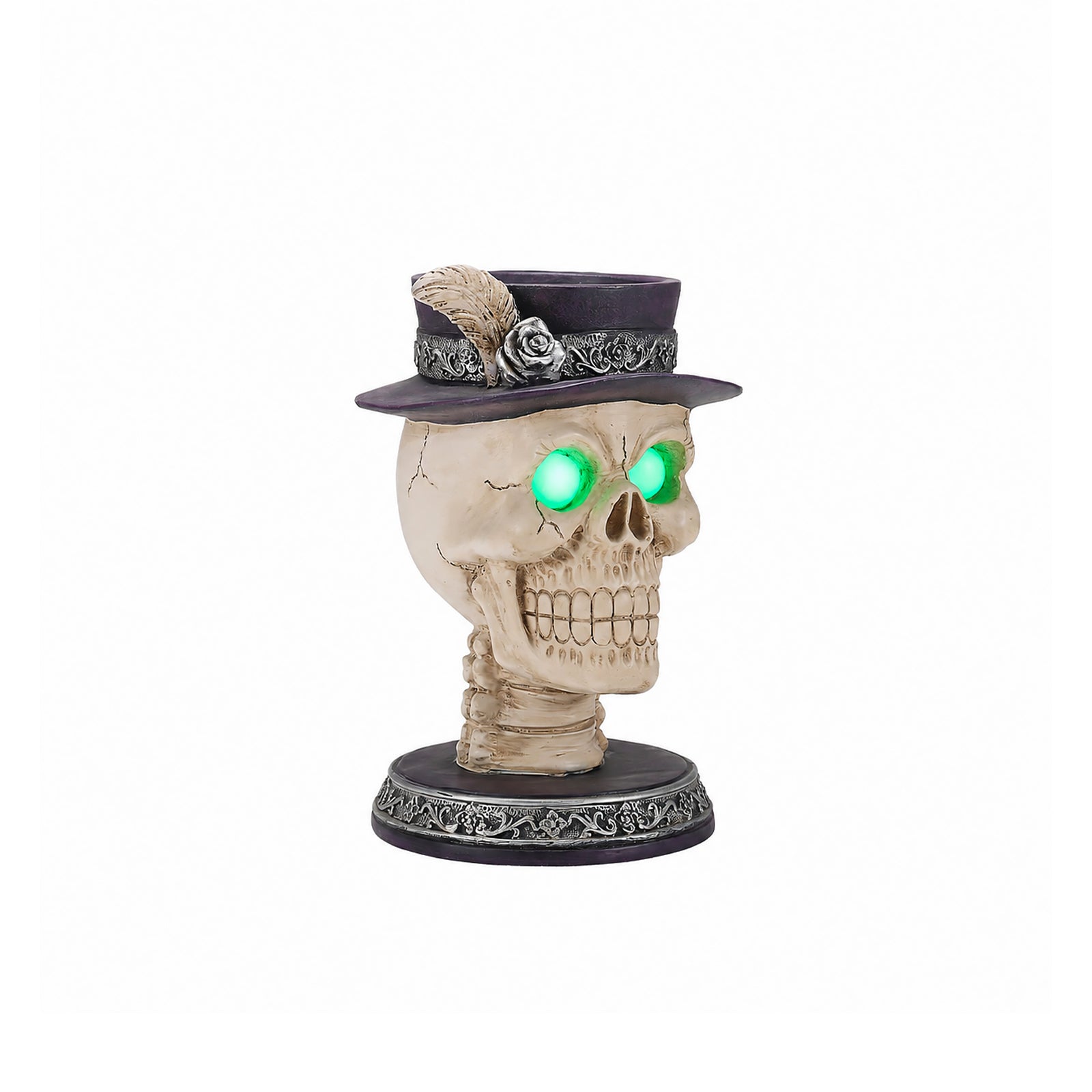 Feather hat skull resin statue on a plain background, three quarter view, showing the weathered paint on the bone