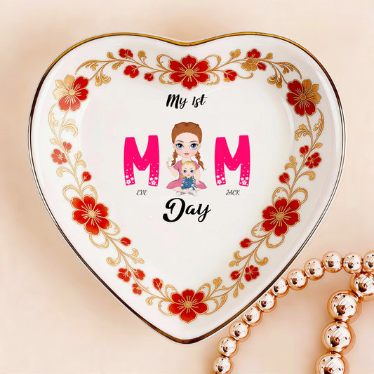 Custom  Photo Ceramic Trinket Tray with Elegant Red Floral Vine Border-My 1st Mom Day