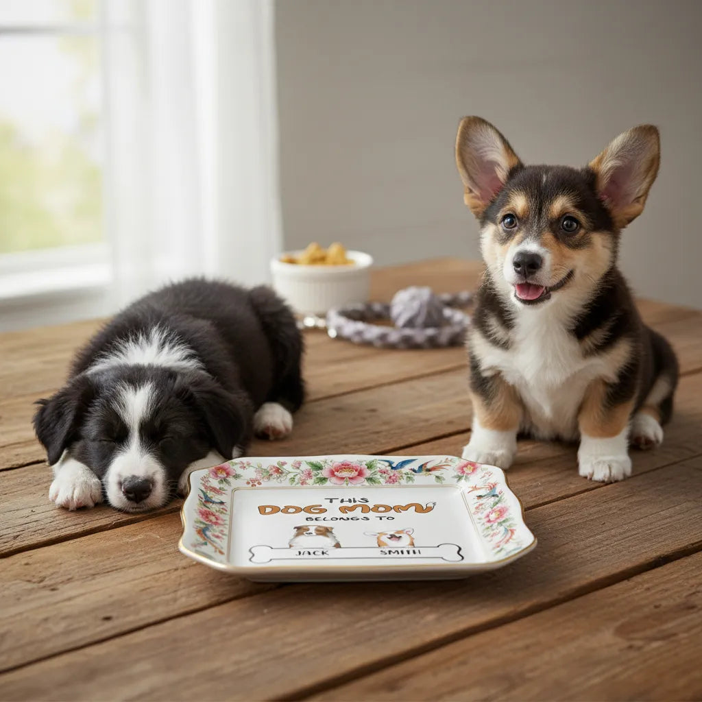 Custom Photo Ceramic Trinket Tray with Elegant Floral and Phoenix Bird Border-My Cute Little Dog