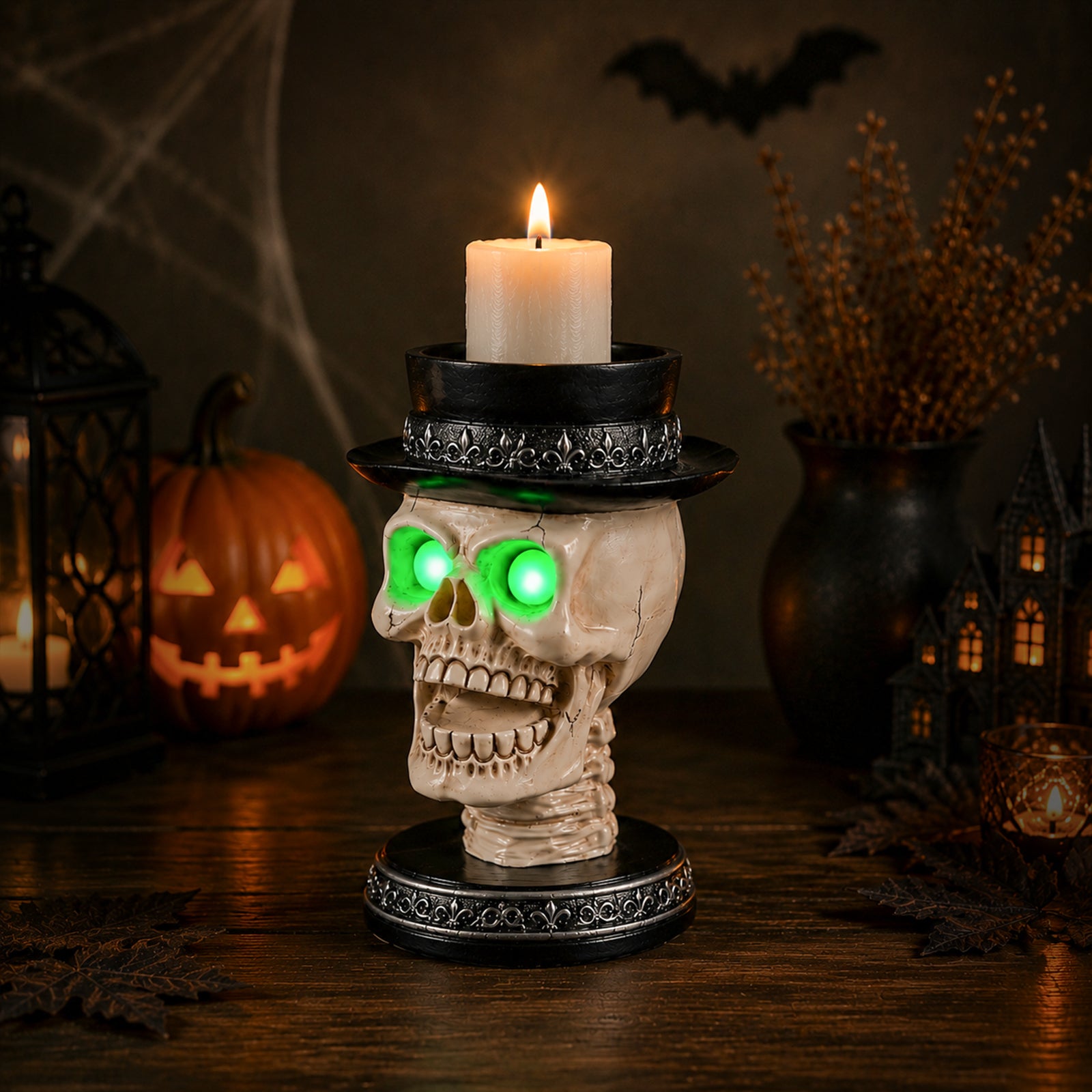The same skull candle holder from a second angle with the green eye lights on in a dim room