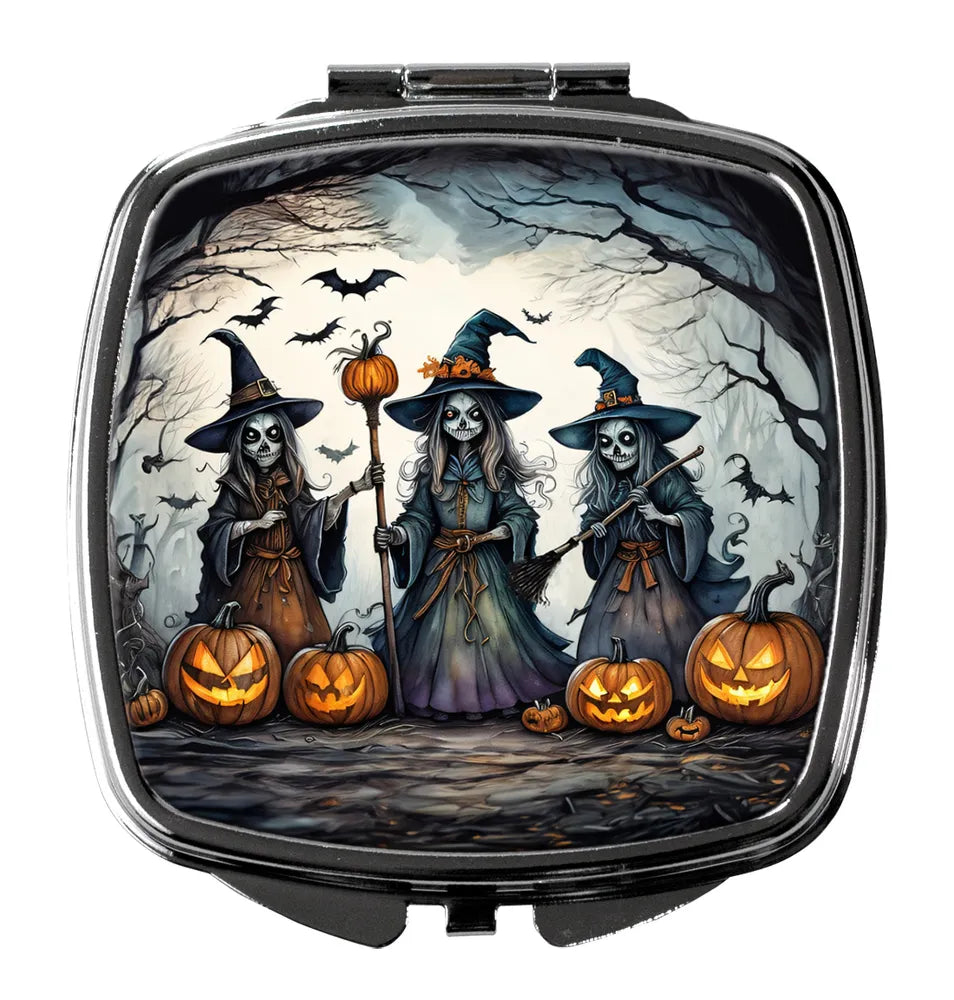 witches artwork compact mirror in silvertone metal, two mirrors inside - product photo 5 of 5