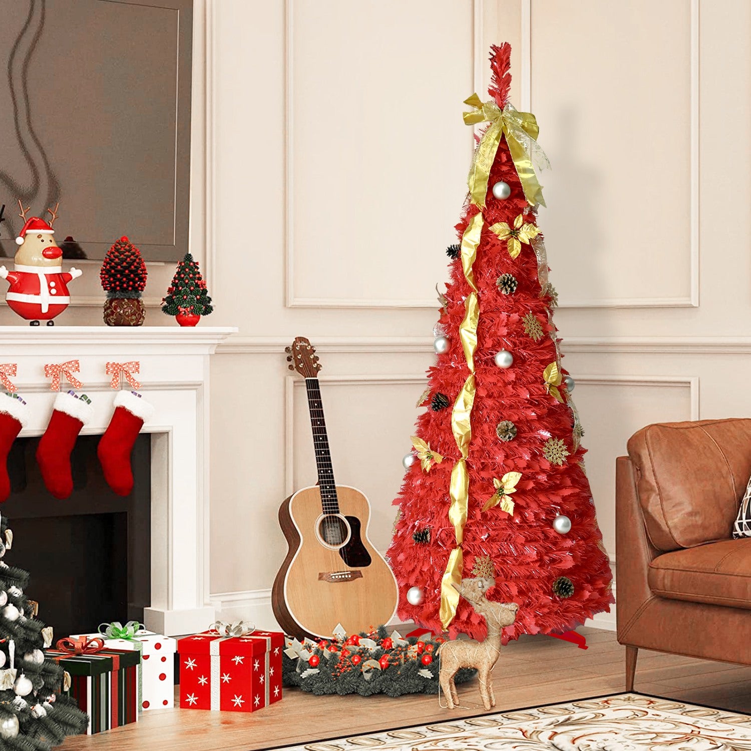 6FT Red PreLit Pop-Up Christmas Tree With 150 Warm White LED Ribbons Bow Flowers Snowflakes Pine Cones Red Ornaments Collapsible Artificial Christmas Tree IP44 Waterproof Indoor Holiday Decor OLFC0109