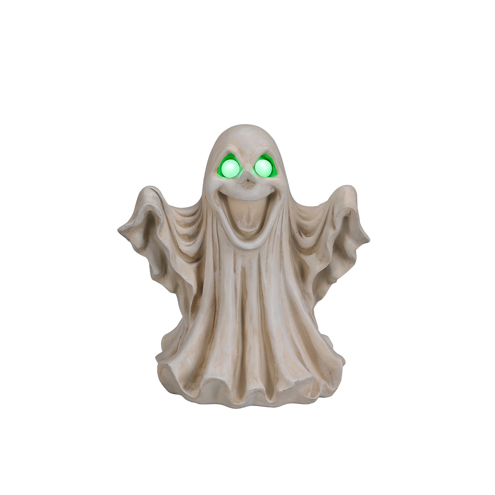 Ghost decor statue on a plain background, side view, showing the flat stable base and the wave of the robe