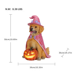Size diagram of the golden retriever witch statue with its height, width and depth measured in inches and its weight in pounds