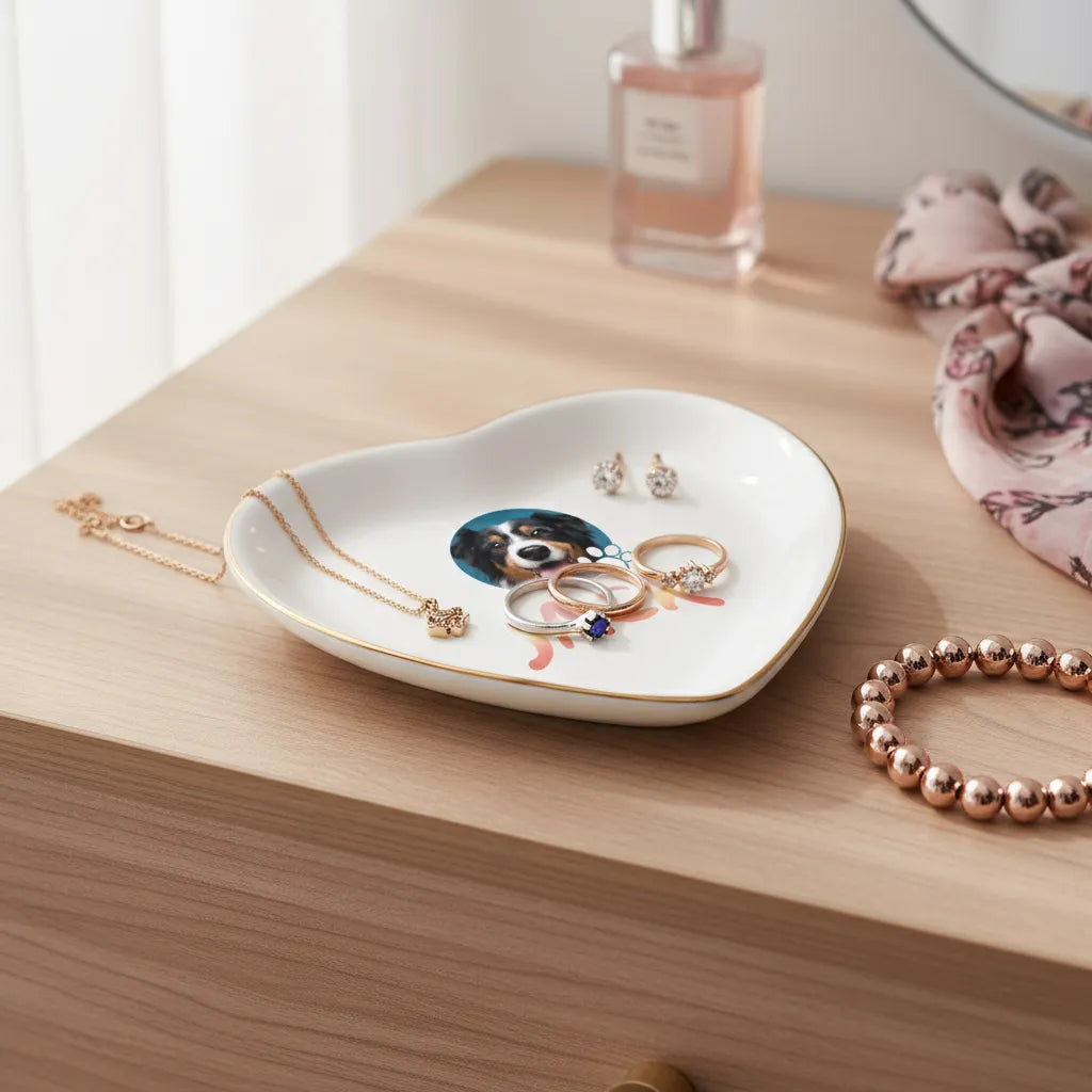Custom Pet Photo with name in Gradient Finish Personalized Heart-Shaped Jewelry Tray