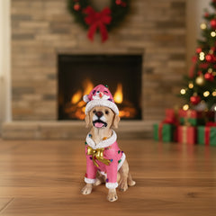 The Labrador retriever in the pink Santa coat sitting on the floor in front of a lit fireplace
