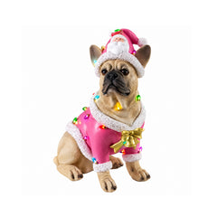 French bulldog Christmas statue on a plain background, front view, in a pink coat with white trim and a gold bow