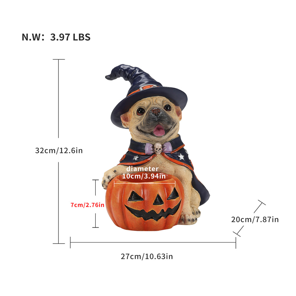 Size diagram of the french bulldog witch candy bowl with its height, width and depth measured in inches and its weight in pounds
