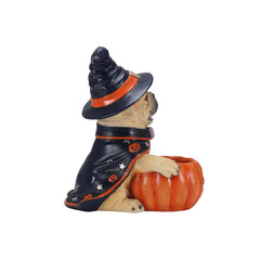French bulldog Halloween decoration on a plain background, rear three quarter view, showing the pumpkin bowl in front of it