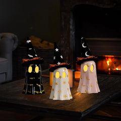 set of 3 ceramic ghost figurines with witch hats - product photo 4 of 6