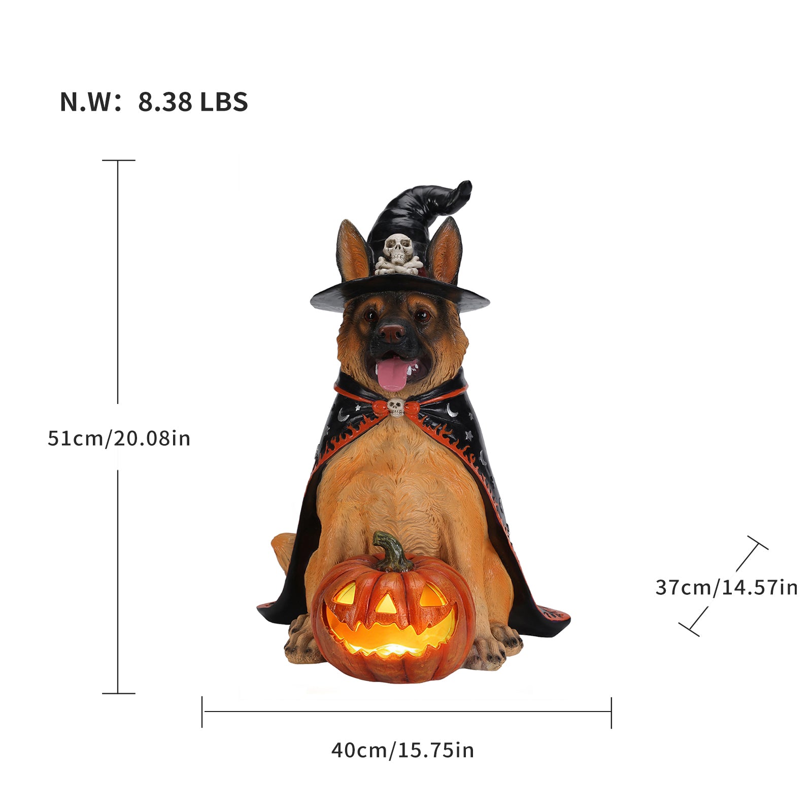 Size diagram of the German shepherd witch statue with its height, width and depth measured in inches and its weight in pounds
