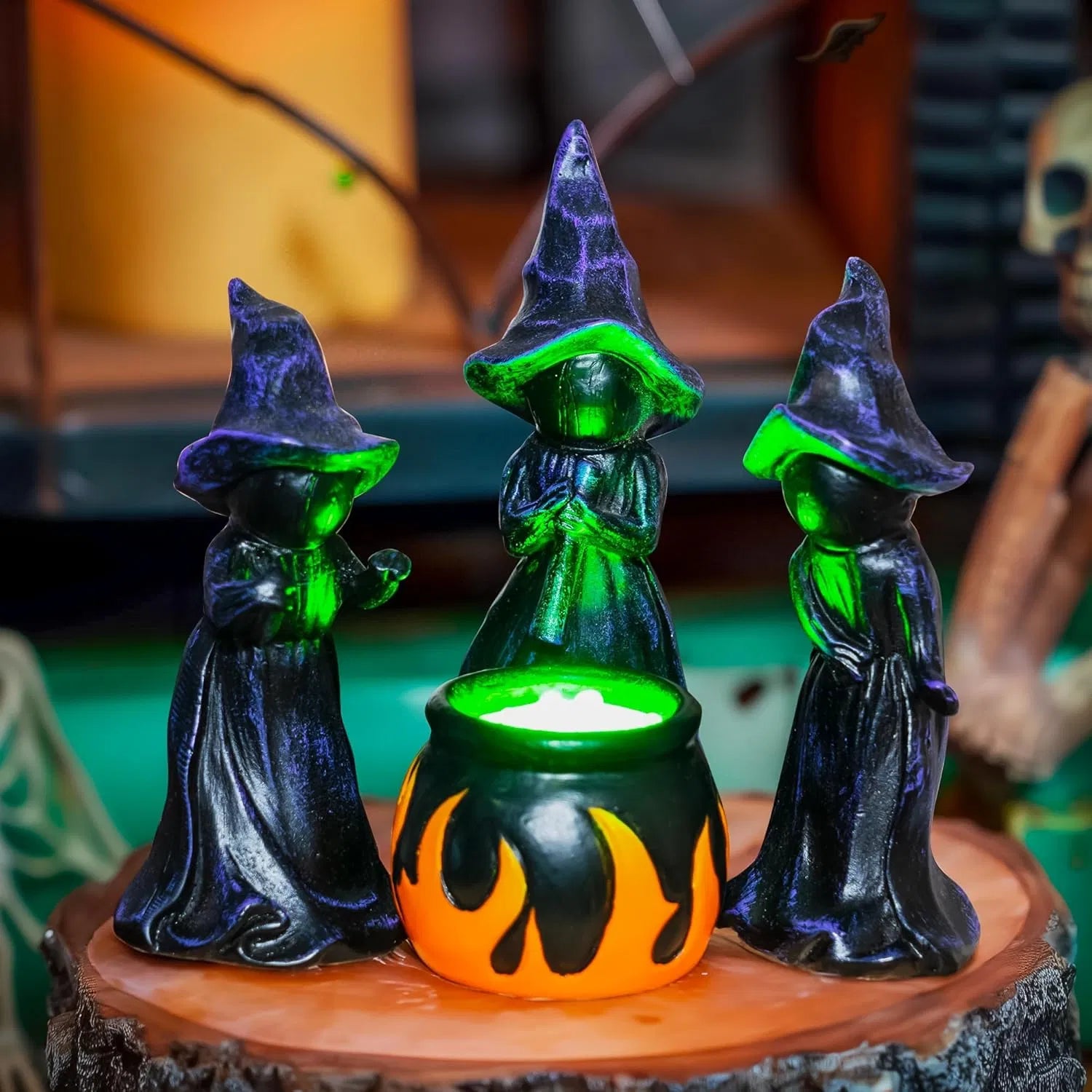 4 piece resin witch and cauldron figurines with built in green LED lights One Size